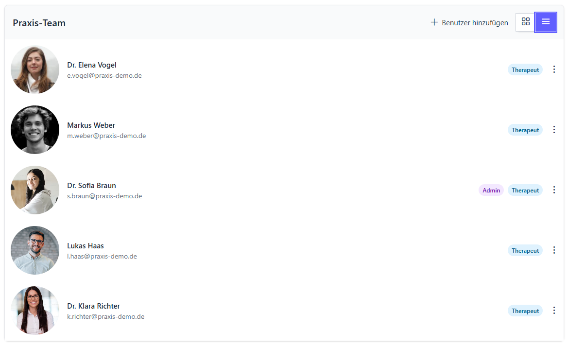 Team Verwaltung Interface